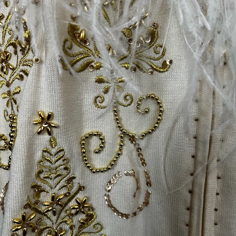 Elegant Cream and Gold Christmas Holiday Women's Sweater with Feather Trim - Picture 13 of 17